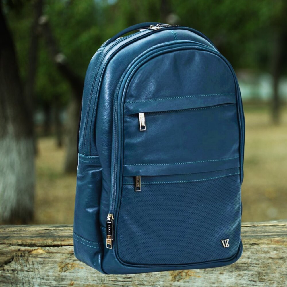 VELEZ Blue Leather Backpack -14 inch Laptop Bag - Water Resistant Backpack